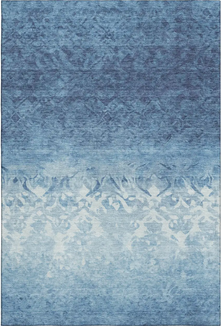 Denim Blue And Ivory Damask Washable Area Rug With UV Protection Photo 1