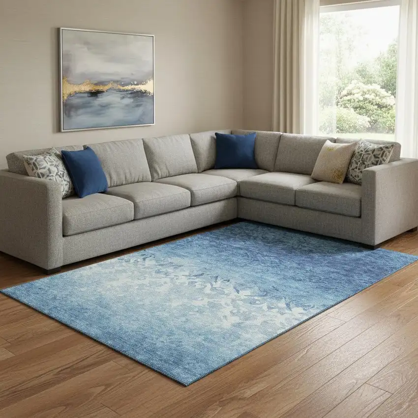 Denim Blue And Ivory Damask Washable Area Rug With UV Protection Photo 2