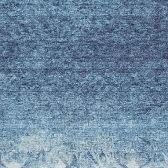 Denim Blue And Ivory Damask Washable Area Rug With UV Protection Photo 3