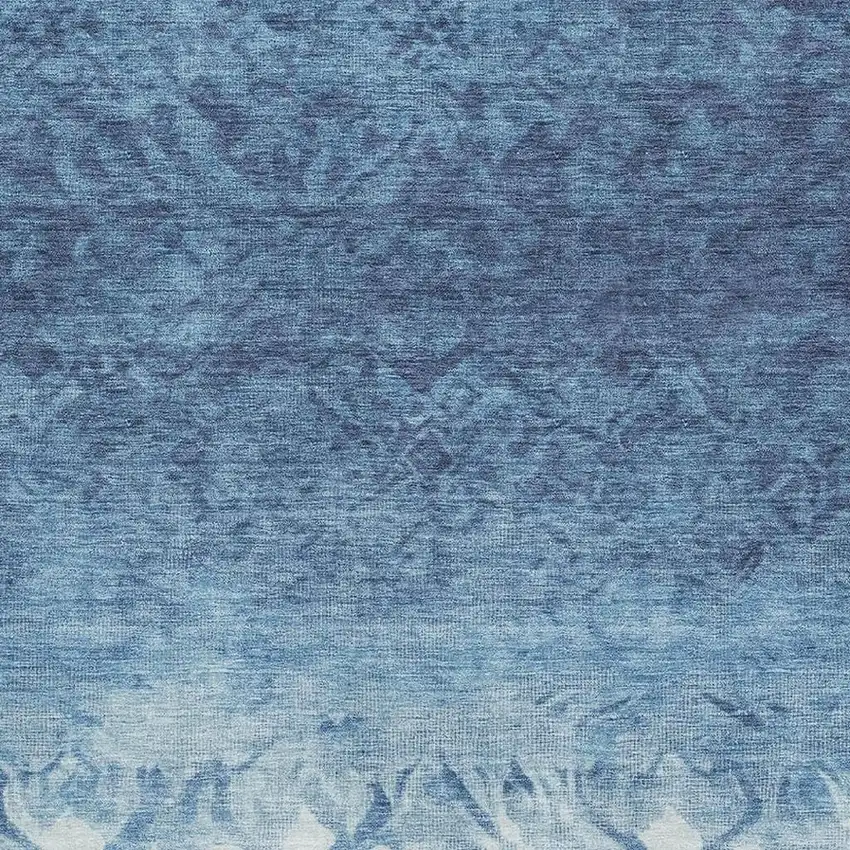 Denim Blue And Ivory Damask Washable Area Rug With UV Protection Photo 3
