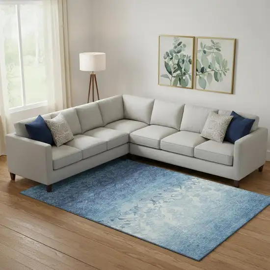 Denim Blue And Ivory Damask Washable Area Rug With UV Protection Photo 2