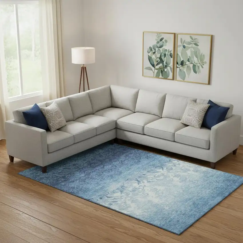 Denim Blue And Ivory Damask Washable Area Rug With UV Protection Photo 2