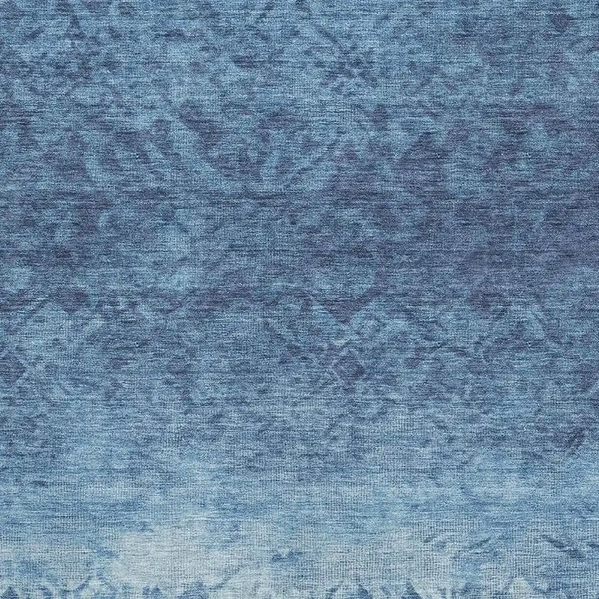 Denim Blue And Ivory Damask Washable Area Rug With UV Protection Photo 3