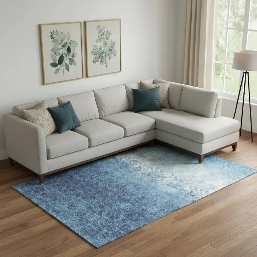 Denim Blue And Ivory Damask Washable Area Rug With UV Protection Photo 2