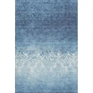 Photo of Denim Blue And Ivory Damask Washable Area Rug With UV Protection