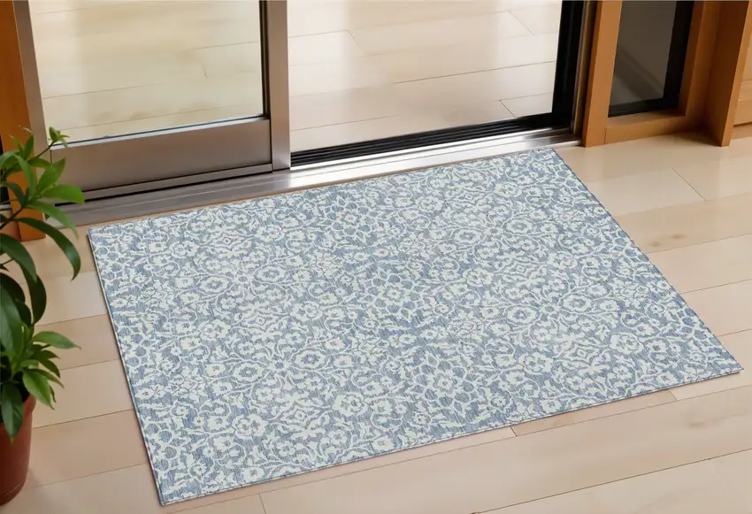Denim Blue And Ivory Damask Washable Indoor Outdoor Area Rug Photo 1