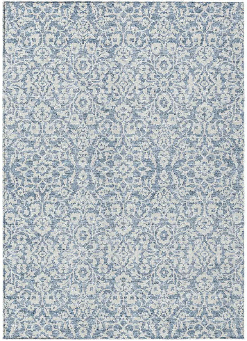 Denim Blue And Ivory Damask Washable Indoor Outdoor Area Rug Photo 2
