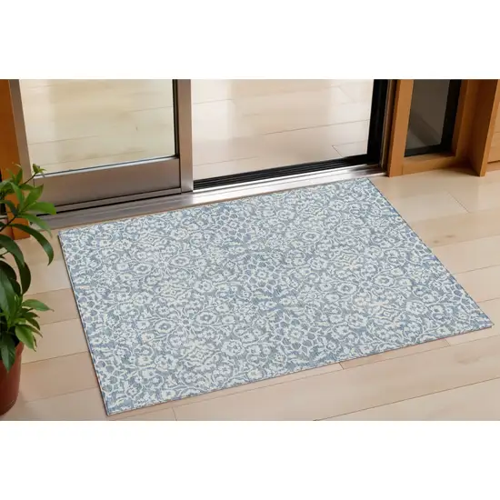 Denim Blue And Ivory Damask Washable Indoor Outdoor Area Rug Photo 1
