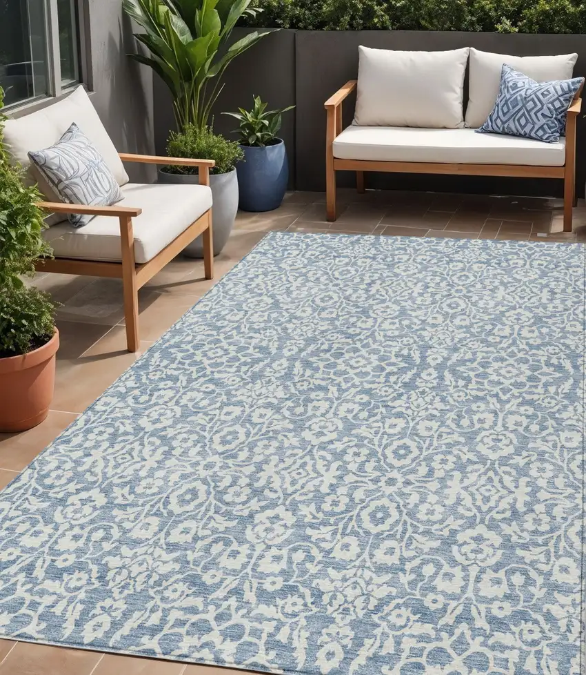 Denim Blue And Ivory Damask Washable Indoor Outdoor Area Rug Photo 1