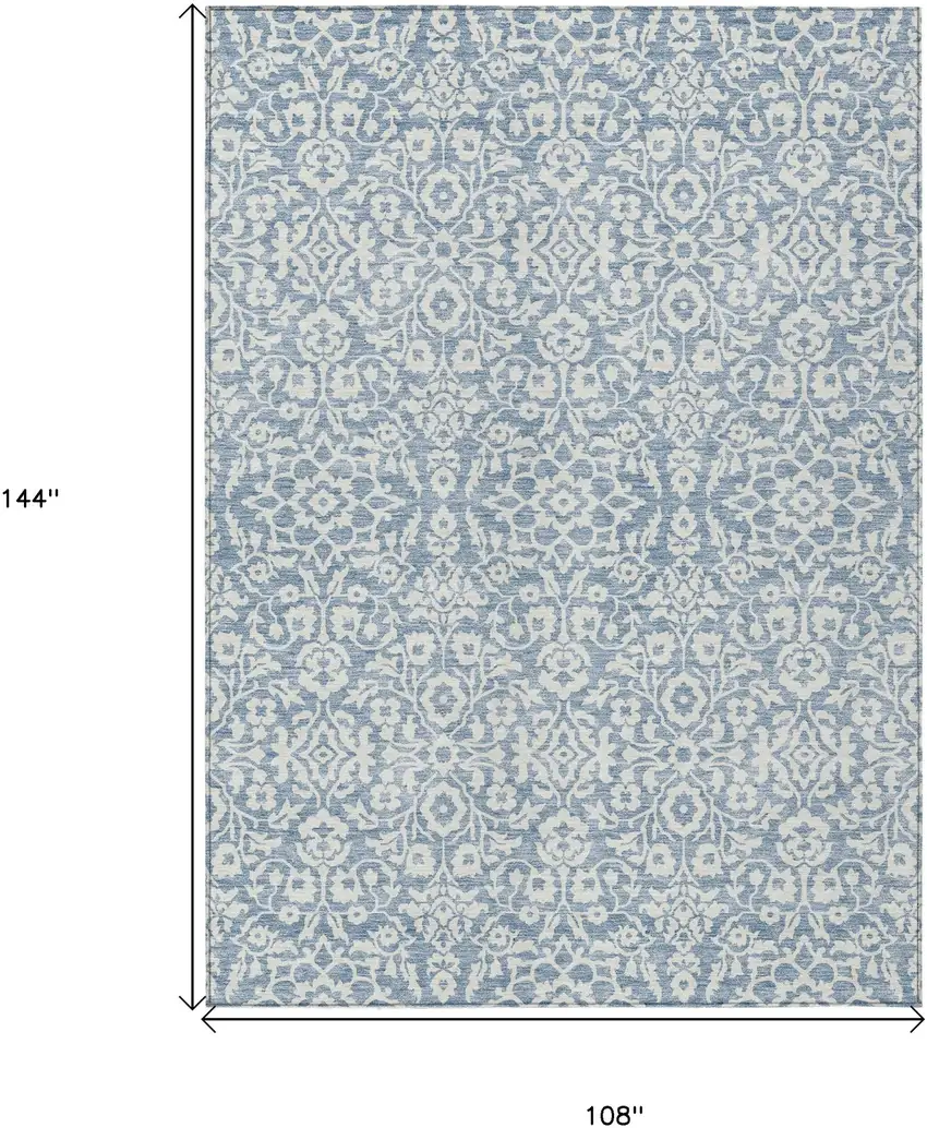 Denim Blue And Ivory Damask Washable Indoor Outdoor Area Rug Photo 6