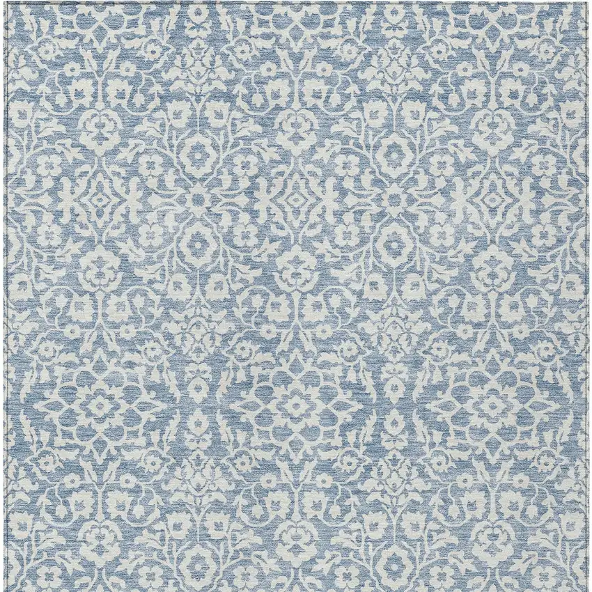 Denim Blue And Ivory Damask Washable Indoor Outdoor Area Rug Photo 5