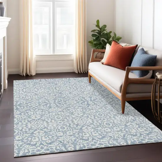 Denim Blue And Ivory Damask Washable Indoor Outdoor Area Rug Photo 8