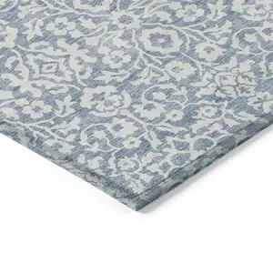 Photo of Denim Blue And Ivory Damask Washable Indoor Outdoor Area Rug
