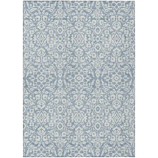 Denim Blue And Ivory Damask Washable Indoor Outdoor Area Rug Photo 1