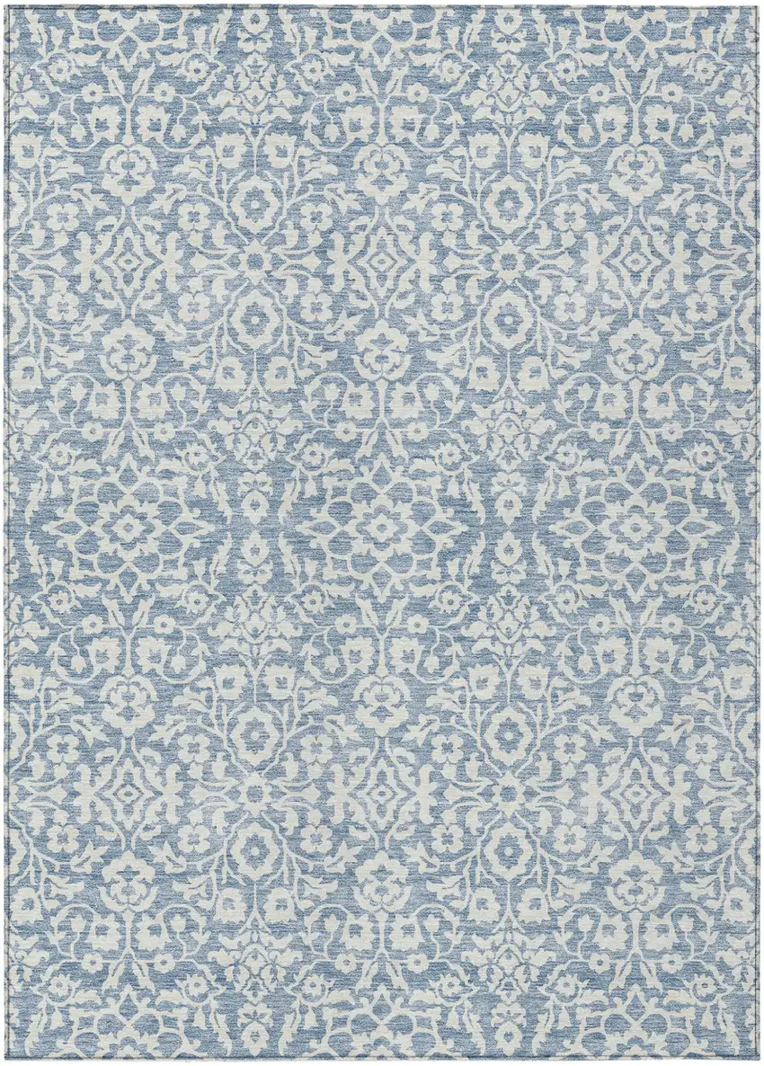 Denim Blue And Ivory Damask Washable Indoor Outdoor Area Rug Photo 1