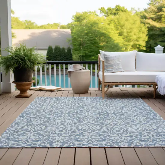 Denim Blue And Ivory Damask Washable Indoor Outdoor Area Rug Photo 9