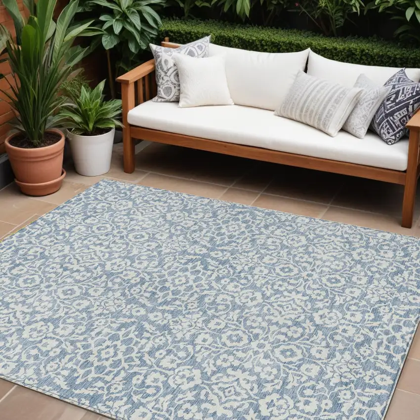 Denim Blue And Ivory Damask Washable Indoor Outdoor Area Rug Photo 1