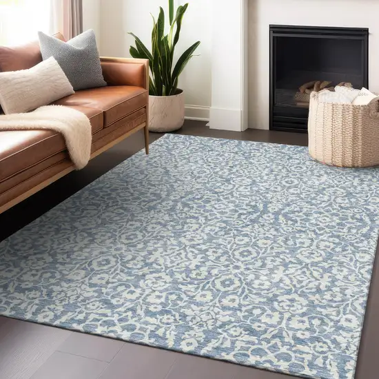 Denim Blue And Ivory Damask Washable Indoor Outdoor Area Rug Photo 9