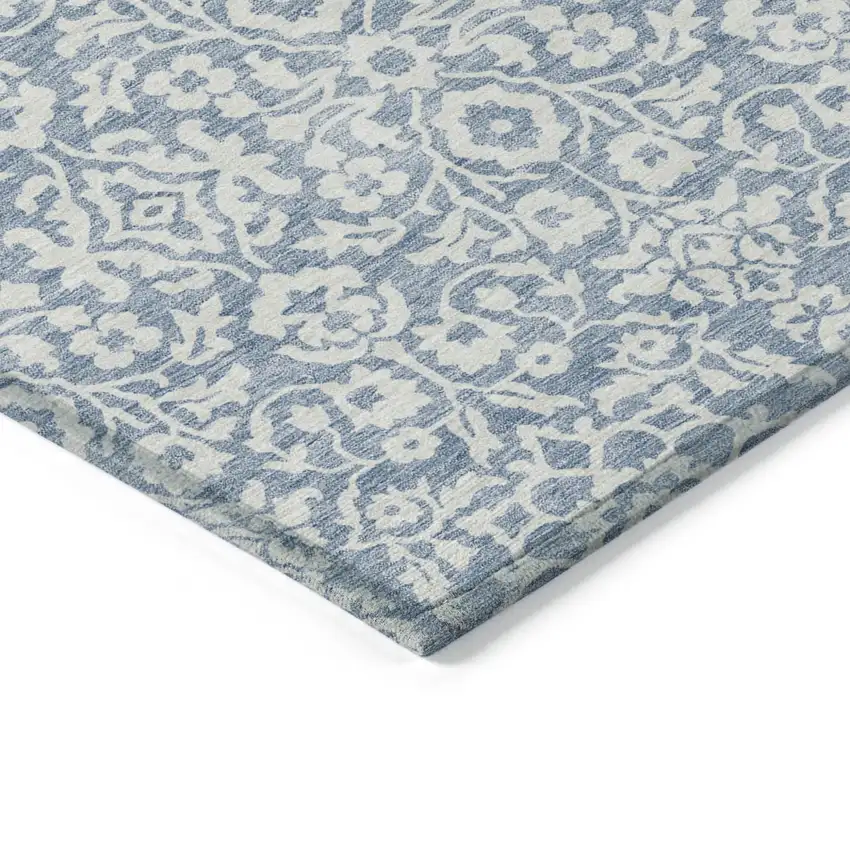 Denim Blue And Ivory Damask Washable Indoor Outdoor Area Rug Photo 5