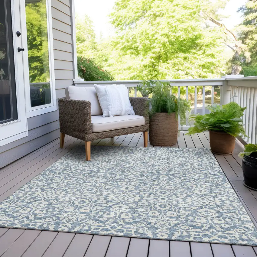 Denim Blue And Ivory Damask Washable Indoor Outdoor Area Rug Photo 8