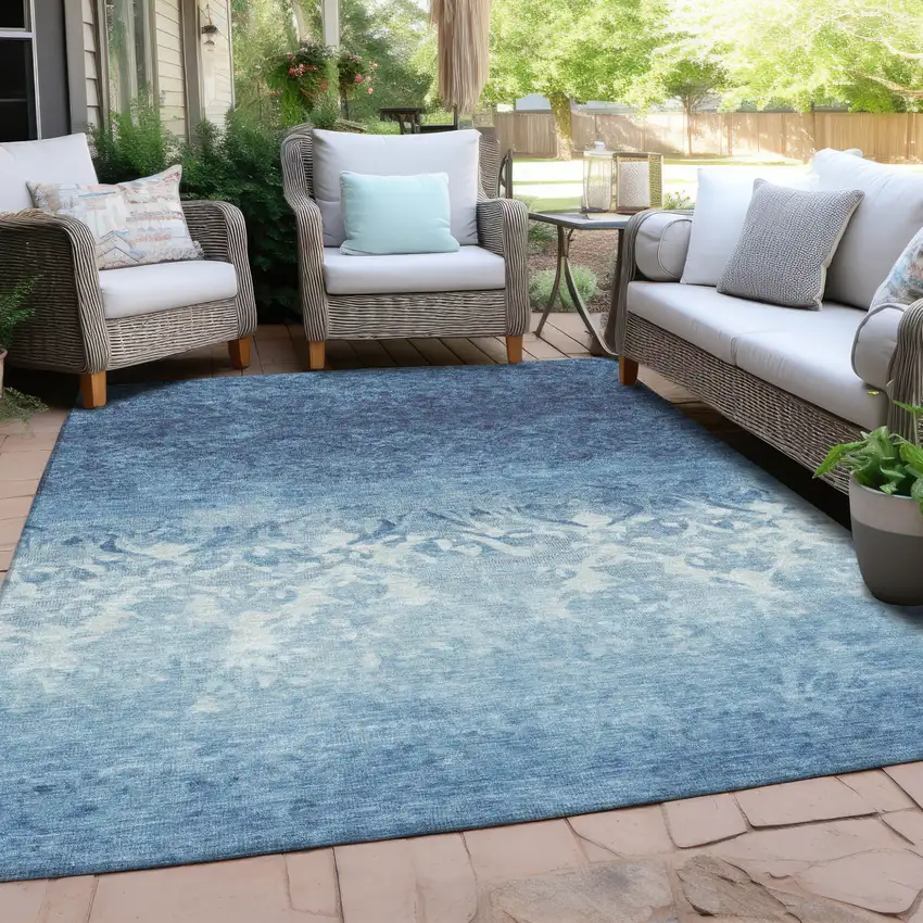 Denim Blue And Ivory Damask Washable Indoor Outdoor Area Rug Photo 4