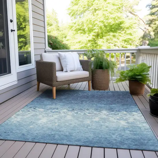 Denim Blue And Ivory Damask Washable Indoor Outdoor Area Rug Photo 7