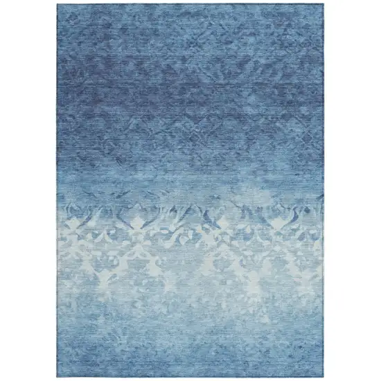 Denim Blue And Ivory Damask Washable Indoor Outdoor Area Rug Photo 9