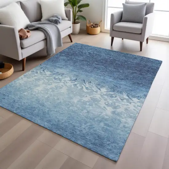 Denim Blue And Ivory Damask Washable Indoor Outdoor Area Rug Photo 5