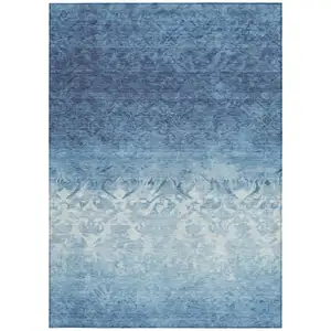 Photo of Denim Blue And Ivory Damask Washable Indoor Outdoor Area Rug