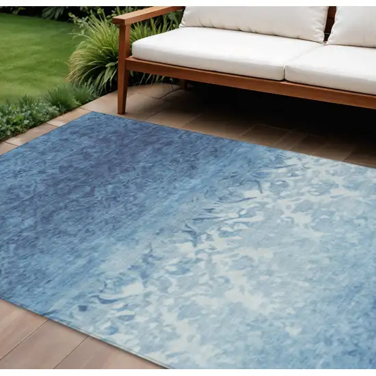 Denim Blue And Ivory Damask Washable Indoor Outdoor Area Rug Photo 2