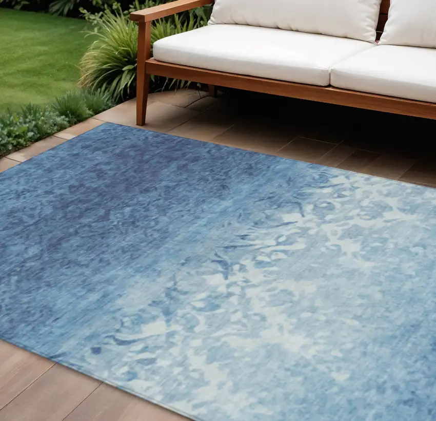 Denim Blue And Ivory Damask Washable Indoor Outdoor Area Rug Photo 2