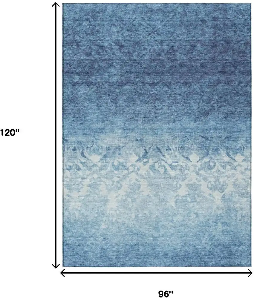 Denim Blue And Ivory Damask Washable Indoor Outdoor Area Rug Photo 9