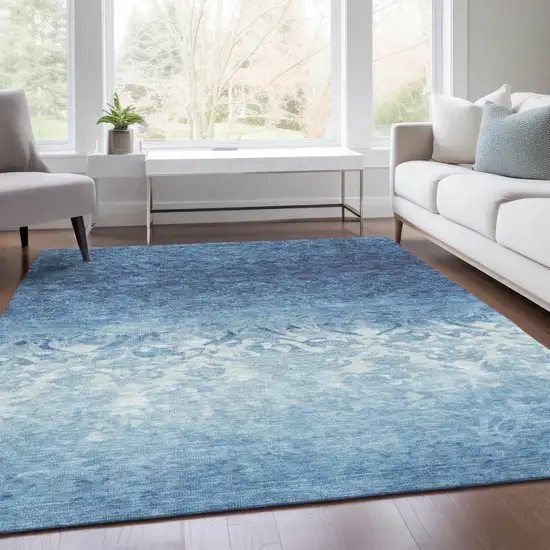 Denim Blue And Ivory Damask Washable Indoor Outdoor Area Rug Photo 6