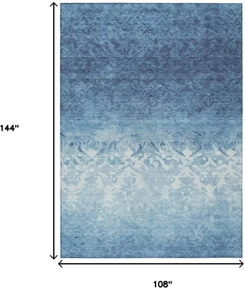Denim Blue And Ivory Damask Washable Indoor Outdoor Area Rug Photo 9