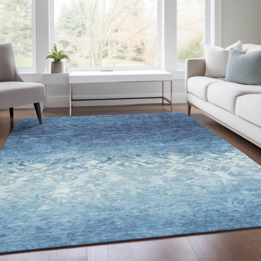 Denim Blue And Ivory Damask Washable Indoor Outdoor Area Rug Photo 6