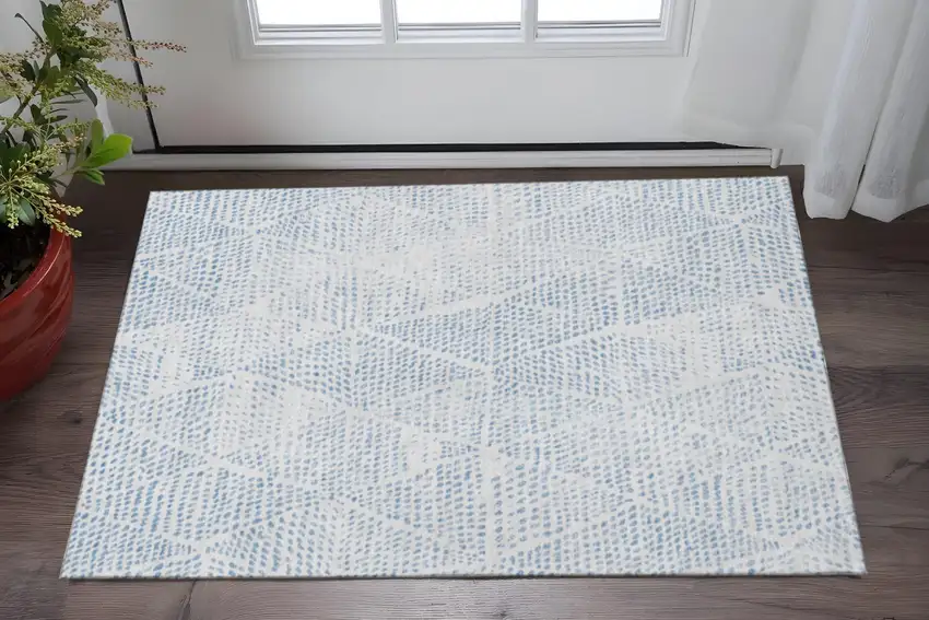 Denim Blue And Ivory Diamond Washable Area Rug With UV Protection Photo 2