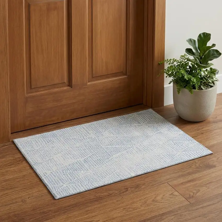 Denim Blue And Ivory Diamond Washable Area Rug With UV Protection Photo 1