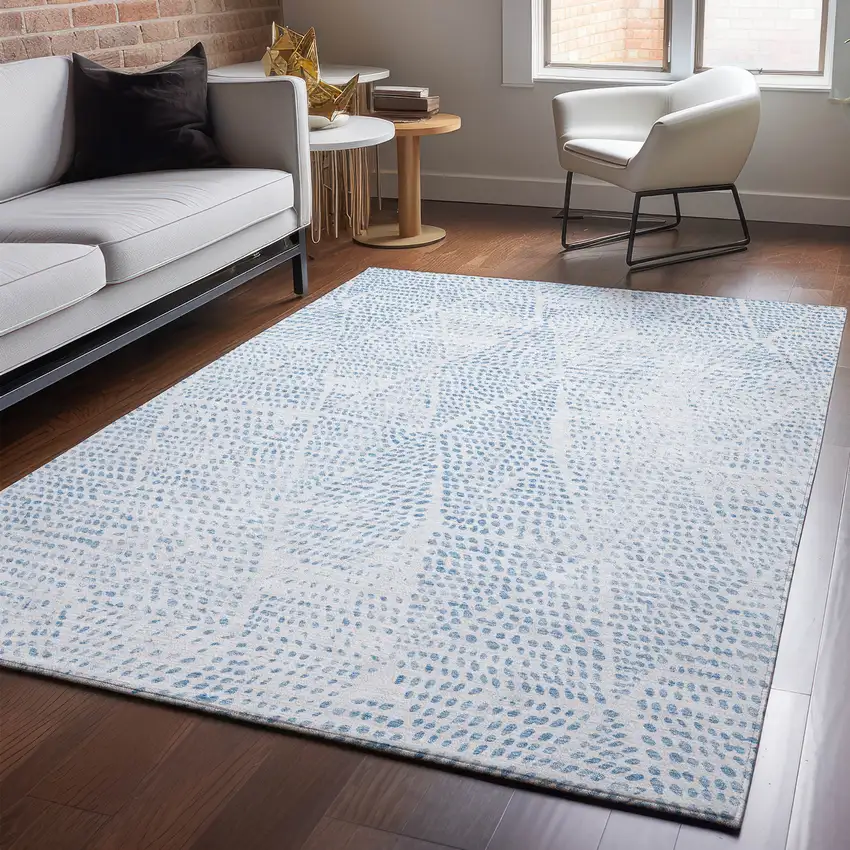Denim Blue And Ivory Diamond Washable Area Rug With UV Protection Photo 4