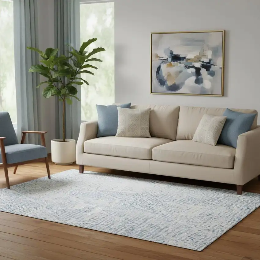 Denim Blue And Ivory Diamond Washable Area Rug With UV Protection Photo 1