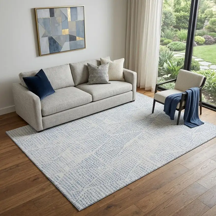 Denim Blue And Ivory Diamond Washable Area Rug With UV Protection Photo 1