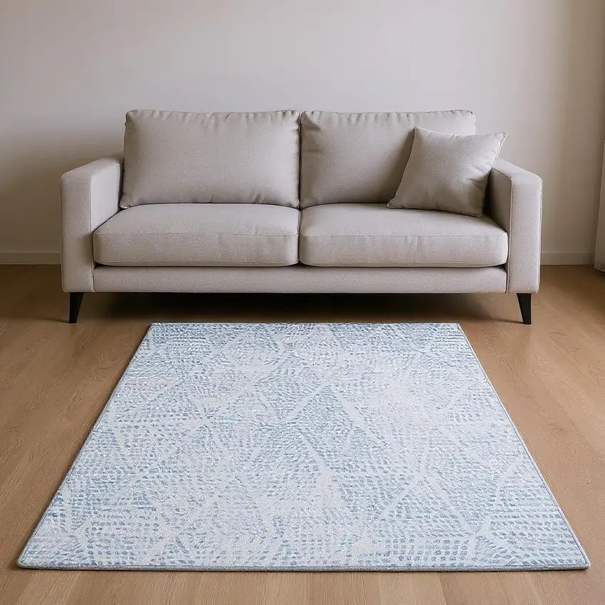 Denim Blue And Ivory Diamond Washable Area Rug With UV Protection Photo 2