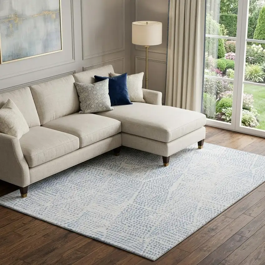 Denim Blue And Ivory Diamond Washable Area Rug With UV Protection Photo 1