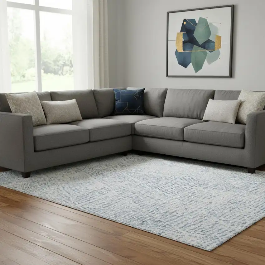 Denim Blue And Ivory Diamond Washable Area Rug With UV Protection Photo 1