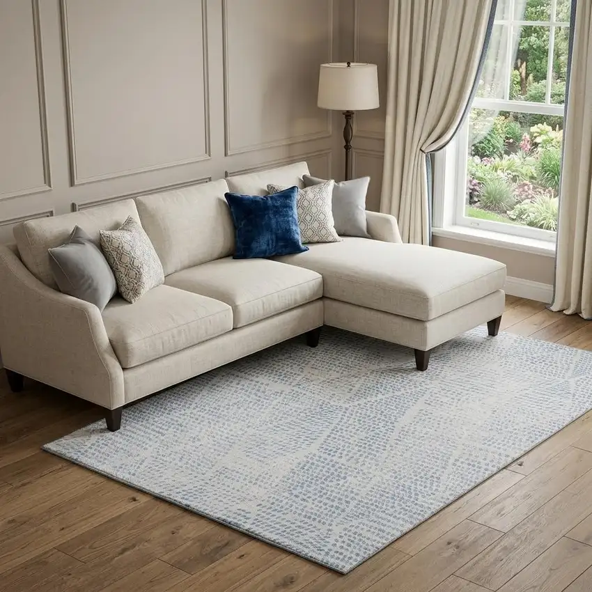 Denim Blue And Ivory Diamond Washable Area Rug With UV Protection Photo 1