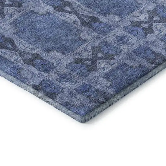 Denim Blue And Ivory Floral Medallion Washable Area Rug With UV Protection Photo 7