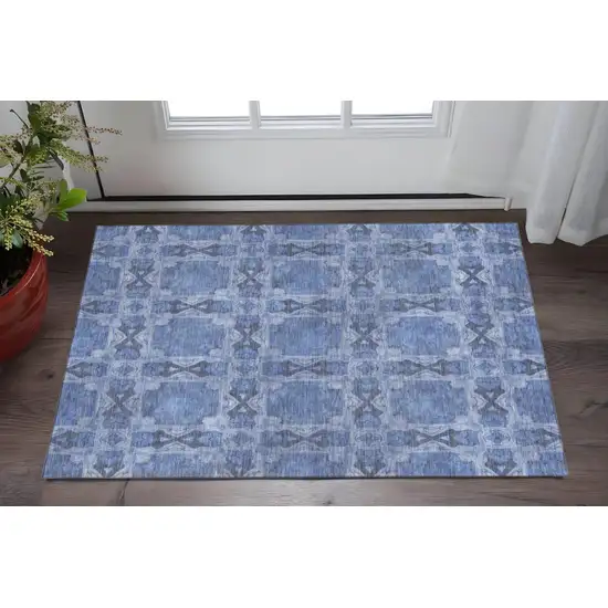 Denim Blue And Ivory Floral Medallion Washable Area Rug With UV Protection Photo 2