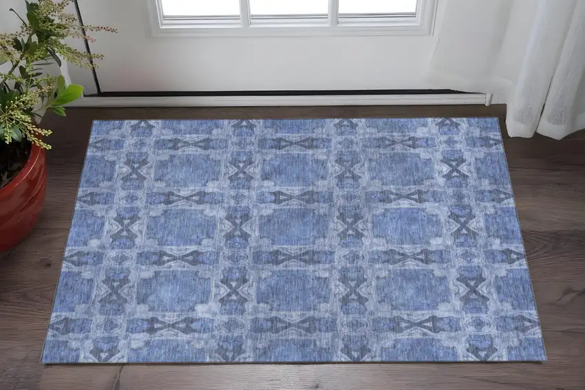 Denim Blue And Ivory Floral Medallion Washable Area Rug With UV Protection Photo 2