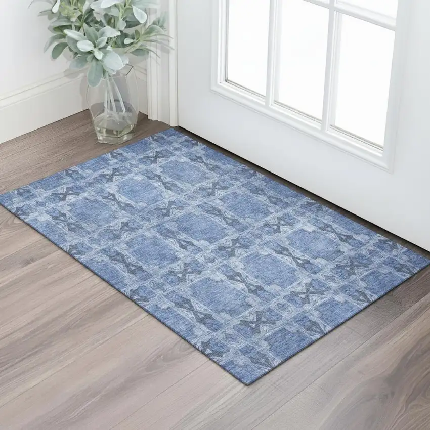Denim Blue And Ivory Floral Medallion Washable Area Rug With UV Protection Photo 1
