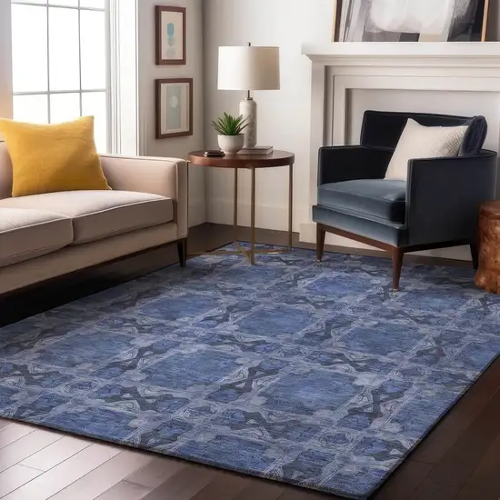 Denim Blue And Ivory Floral Medallion Washable Area Rug With UV Protection Photo 4