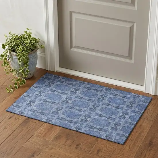 Denim Blue And Ivory Floral Medallion Washable Area Rug With UV Protection Photo 1